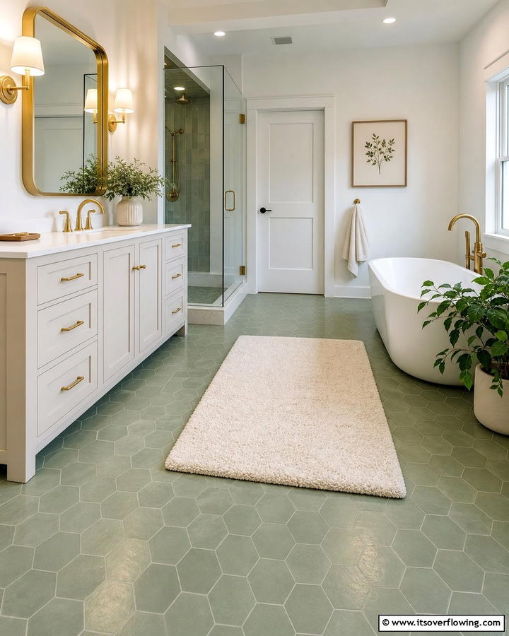 Sage Green Tile Flooring with Cream Rugs - 20 Elegant Sage Green and Cream Bathroom Ideas