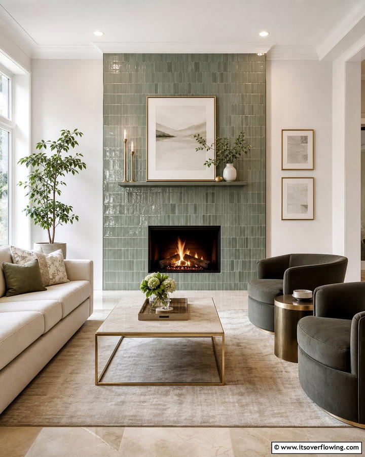 Sage Green Tile Surround - 20 Sage Green Fireplace Ideas for a Calm Ambiance