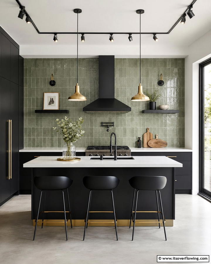Sage Green Tiles with Black Cabinetry - 20 Sage Green and Black Kitchen Ideas for a Modern Feel
