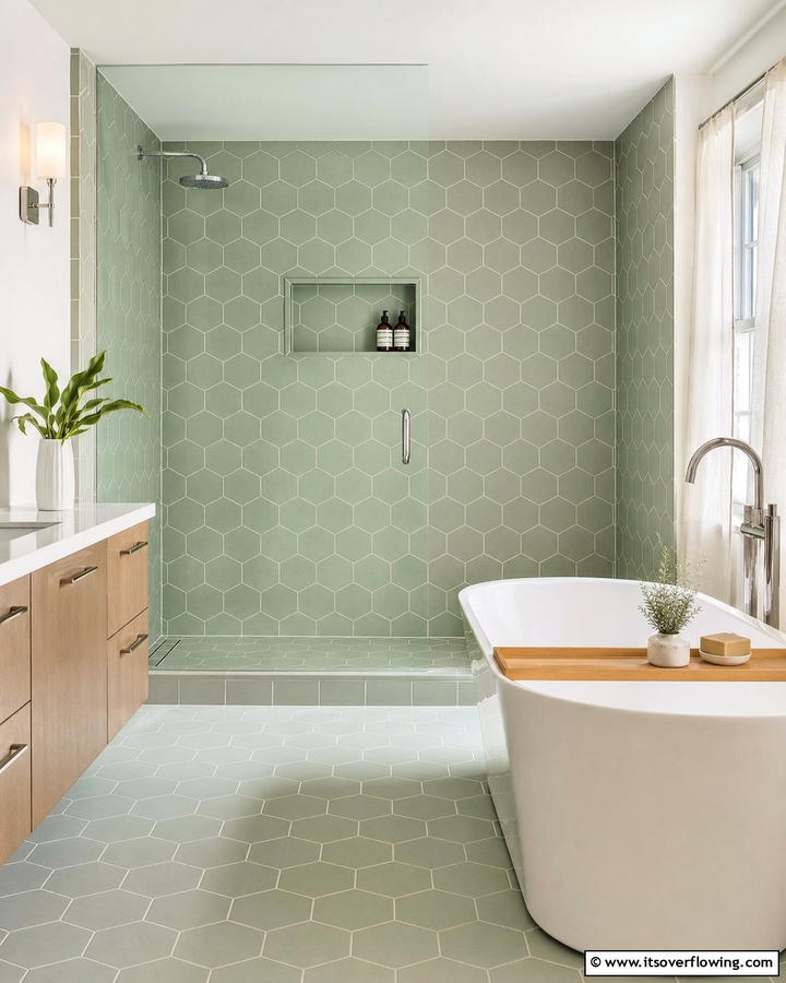 Sage Green Tiles with Cream Grout - 20 Elegant Sage Green and Cream Bathroom Ideas