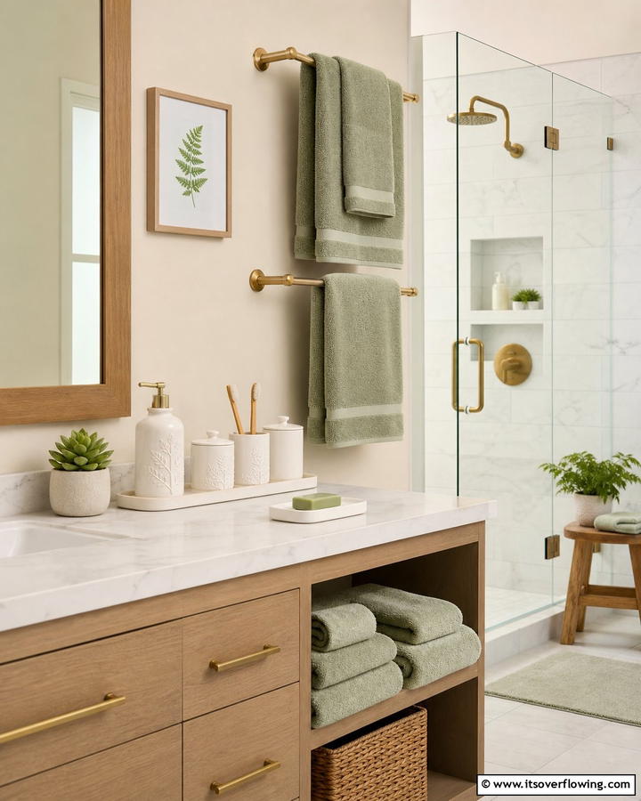 Sage Green Towels with Cream Accessories - 20 Elegant Sage Green and Cream Bathroom Ideas