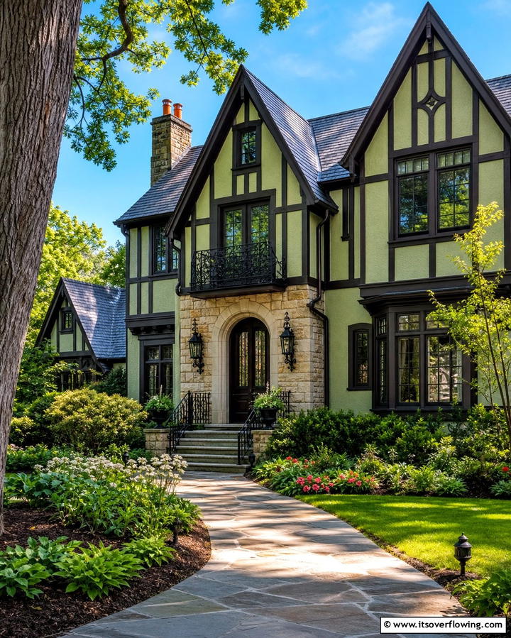 Sage Green Tudor Home with Deep Brown Accents - 25 Sage Green House With Brown Trim Ideas for Curb Appeal