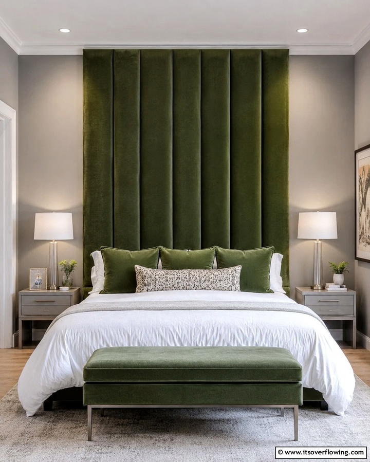 Sage Green Upholstered Headboard with Grey Walls - 25 Sage Green and Grey Bedroom Ideas for a Serene Retreat