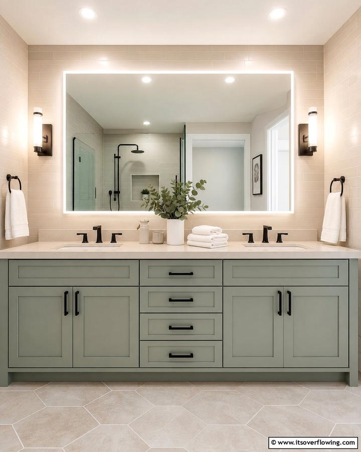 Sage Green Vanity with Cream Countertop - 20 Elegant Sage Green and Cream Bathroom Ideas