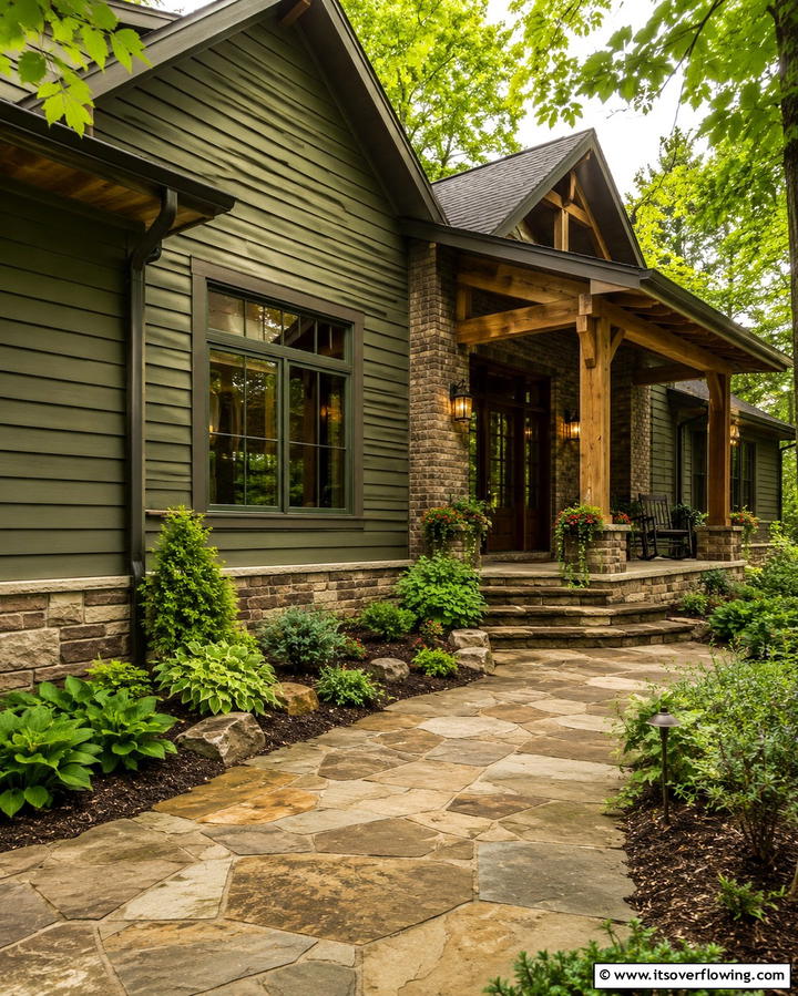 Sage Green Vinyl with Tan Brick - 25 Vinyl Siding and Brick Combinations for Curb Appeal