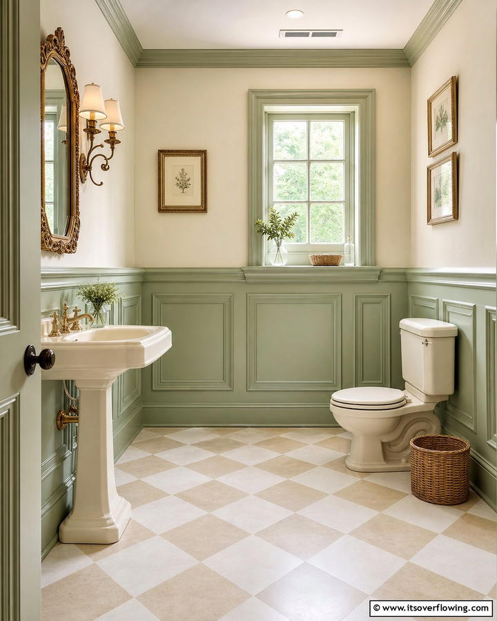 Sage Green Wainscoting with Cream Upper Walls - 20 Elegant Sage Green and Cream Bathroom Ideas