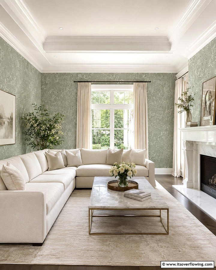 Sage Green Wallpaper with Cream Accents - 25 Sage Green and Cream Living Room Ideas for Serenity