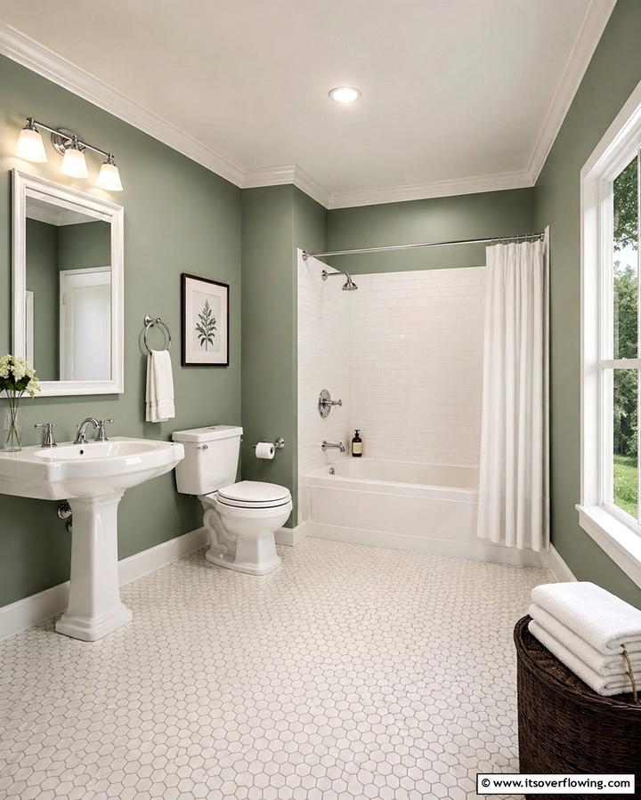 Sage Green Walls Paired with White Fixtures - 25 Sage Green Bathroom Ideas for a Fresh and Calming Space