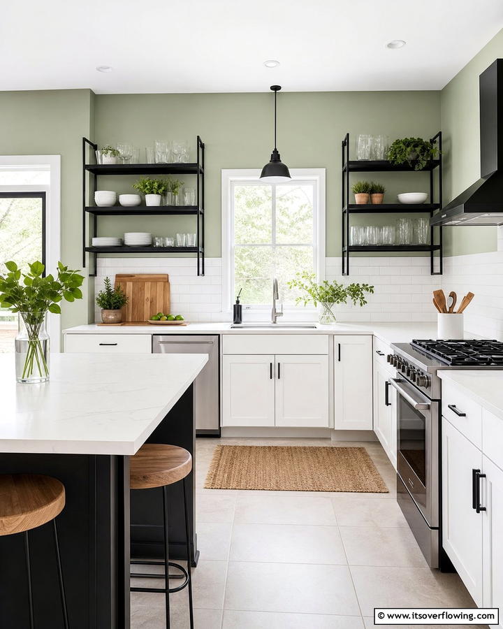 Sage Green Walls with Black Open Shelving - 20 Sage Green and Black Kitchen Ideas for a Modern Feel