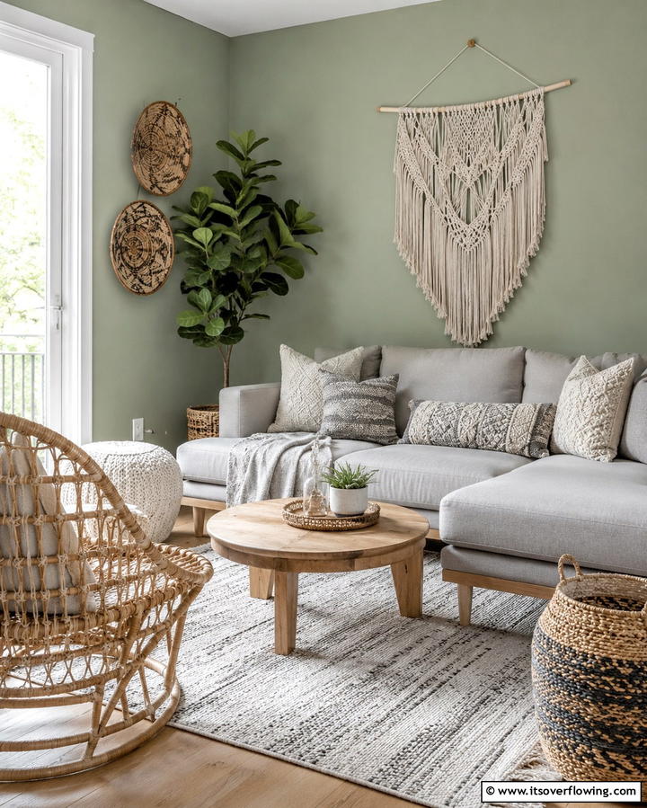 Sage Green Walls with Grey Boho Decor - 25 Sage Green and Grey Bedroom Ideas for a Serene Retreat