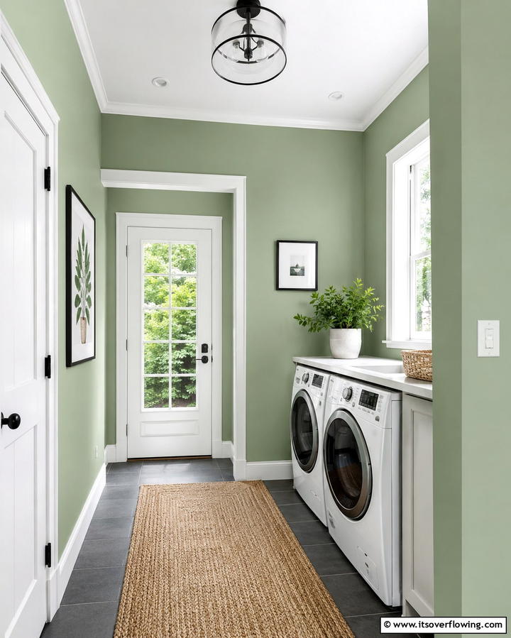Sage Green Walls with White Trim for Contrast - 25 Sage Green Laundry Room Ideas for a Fresh Look