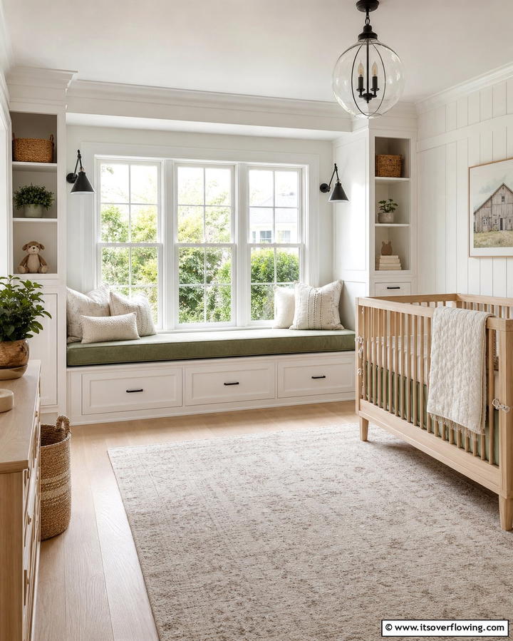 Sage Green Window Seat - 25 Sage Green Nursery Ideas for a Peaceful Baby Room
