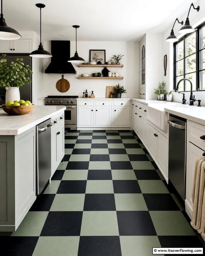 Sage Green and Black Checkerboard Flooring - 20 Sage Green and Black Kitchen Ideas for a Modern Feel