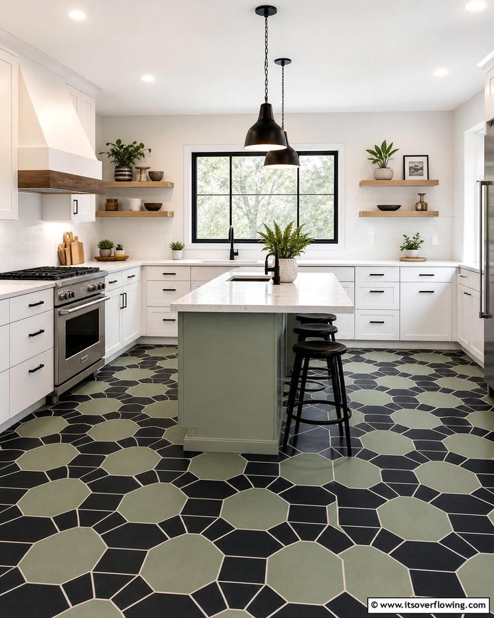 Sage Green and Black Geometric Tiles - 20 Sage Green and Black Kitchen Ideas for a Modern Feel
