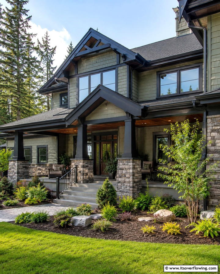 Sage Green and Black Trim with Stone Accents - 25 Sage Green House With Black Trim Ideas for Curb Appeal