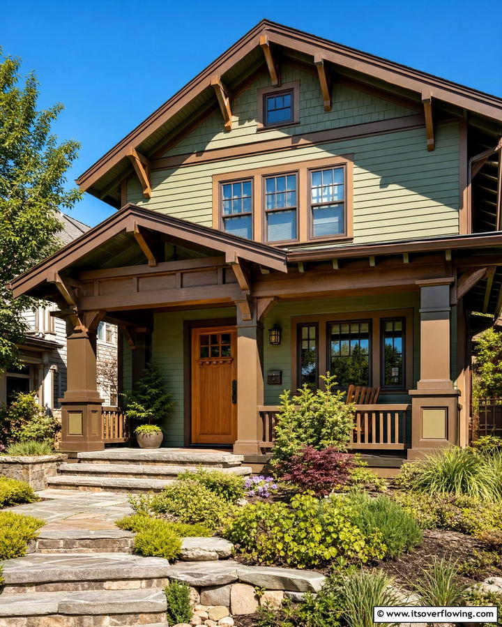 Sage Green and Brown Trim for a Craftsman Style Home - 25 Sage Green House With Brown Trim Ideas for Curb Appeal