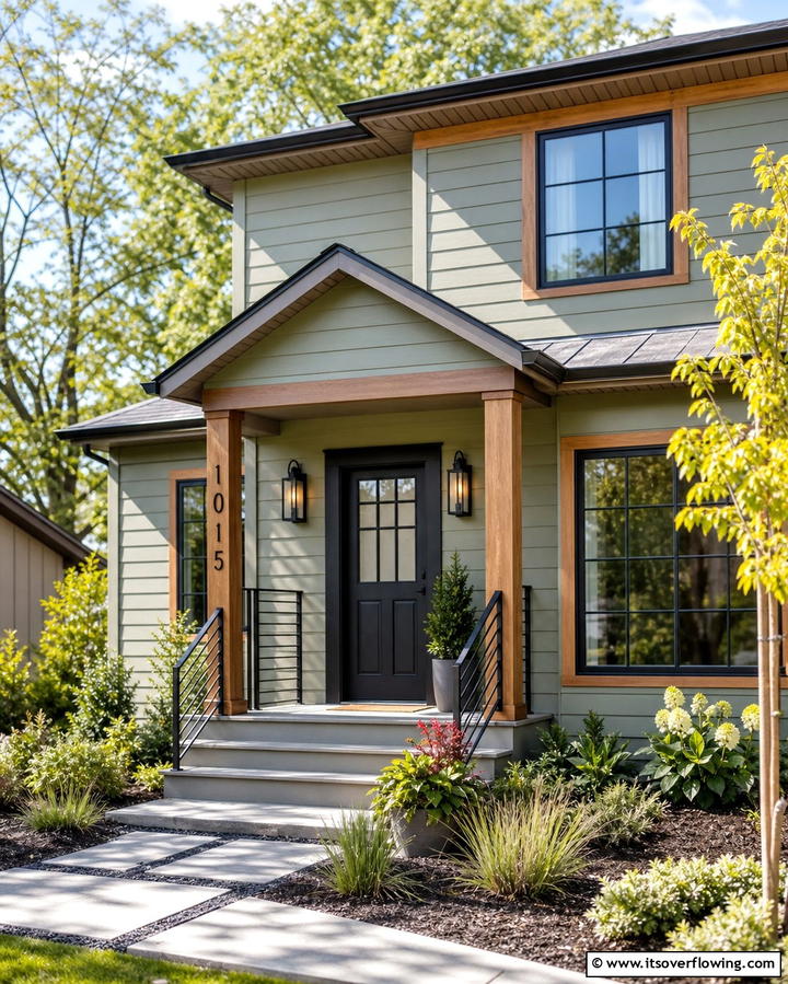 Sage Green and Brown Trim with Black Details - 25 Sage Green House With Brown Trim Ideas for Curb Appeal