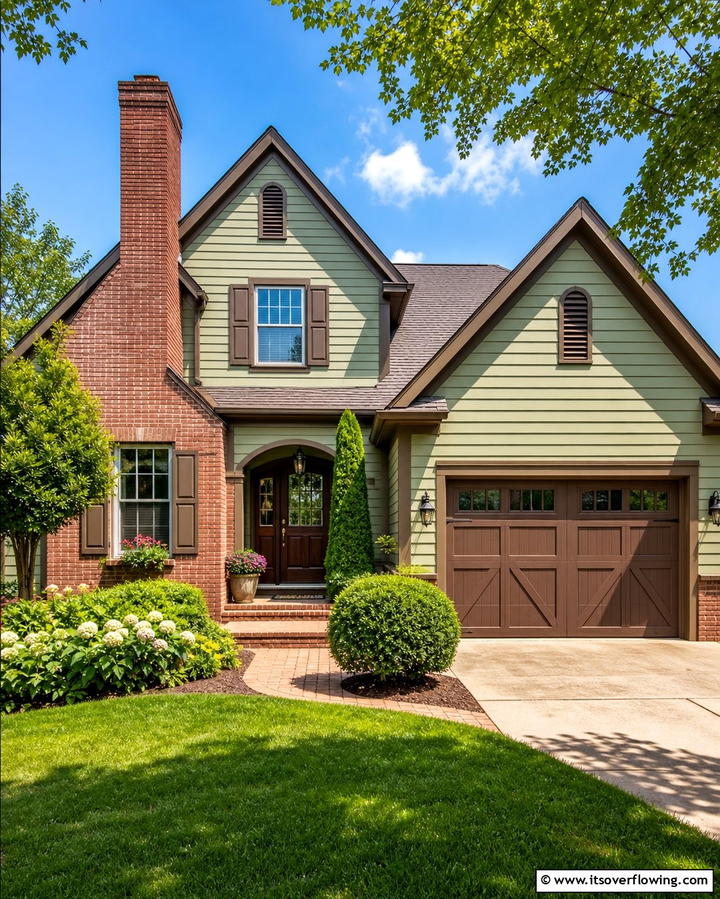 Sage Green and Brown Trim with Red Brick Accents - 25 Sage Green House With Brown Trim Ideas for Curb Appeal