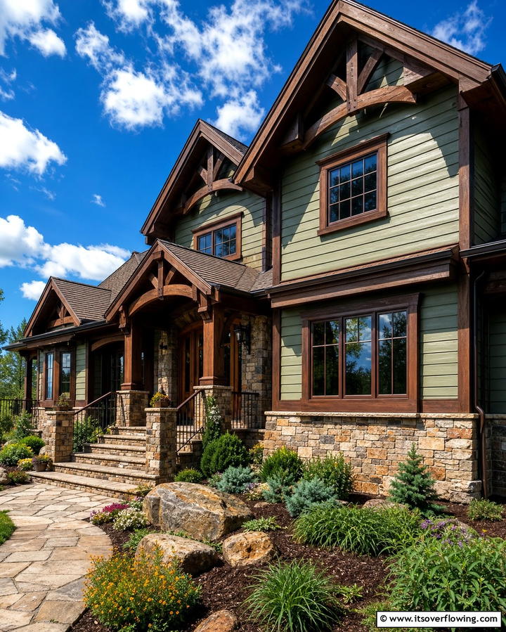 Sage Green and Brown Trim with Stone Accents - 25 Sage Green House With Brown Trim Ideas for Curb Appeal