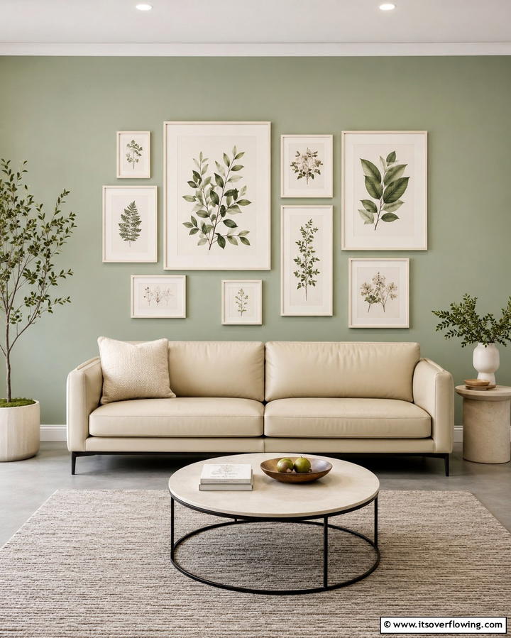 Sage Green and Cream Gallery Wall - 25 Sage Green and Cream Living Room Ideas for Serenity