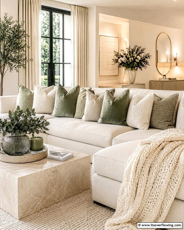 Sage Green and Cream Textured Cushions - 25 Sage Green and Cream Living Room Ideas for Serenity