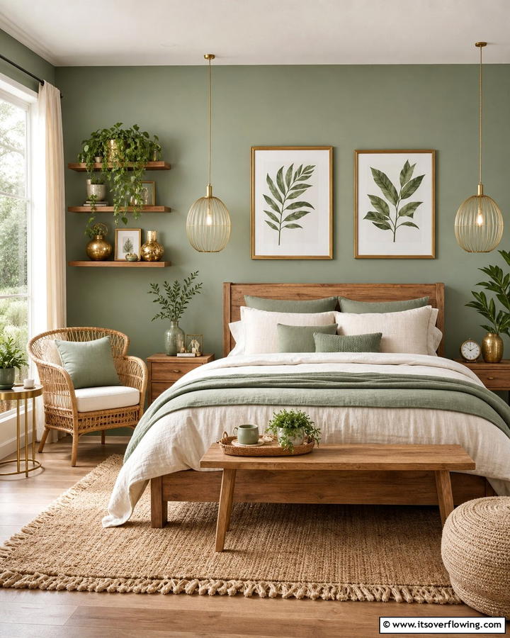 Sage Green and Gold Accents - 25 Boho Sage Green Bedroom Ideas for a Serene Retreat