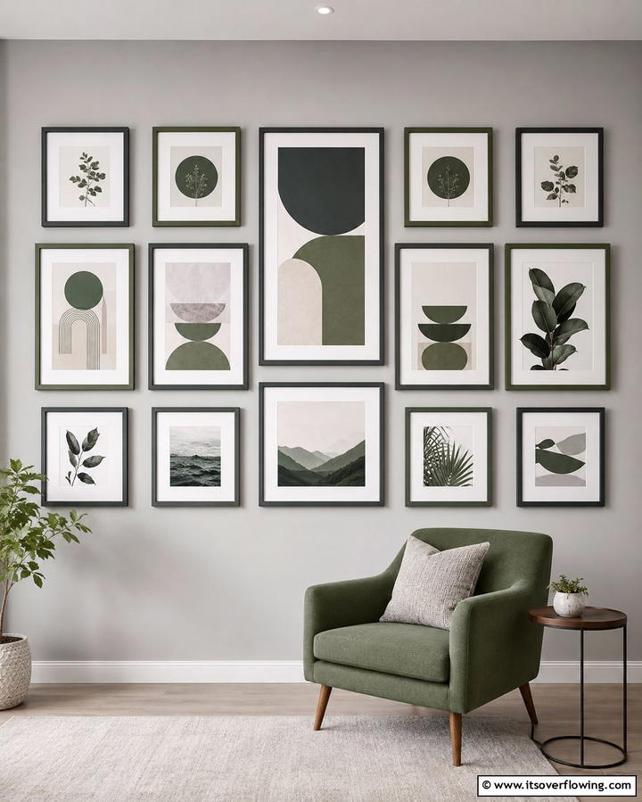 Sage Green and Grey Gallery Wall - 25 Sage Green and Grey Bedroom Ideas for a Serene Retreat