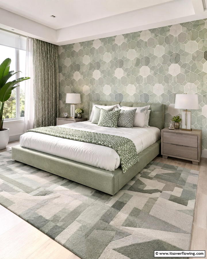 Sage Green and Grey Geometric Patterns - 25 Sage Green and Grey Bedroom Ideas for a Serene Retreat