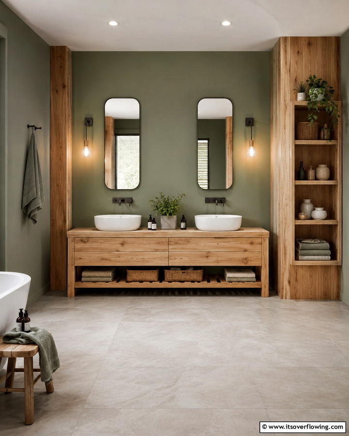 Sage Green and Natural Wood Combination - 25 Sage Green Bathroom Ideas for a Fresh and Calming Space