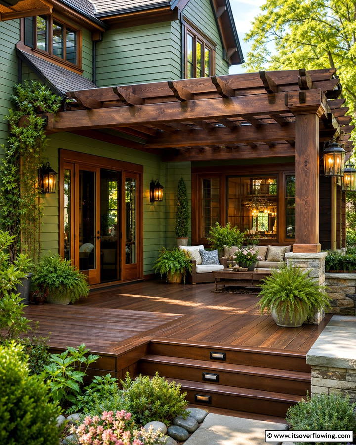 Sage Green and Warm Walnut Trim for a Cozy Feel - 25 Sage Green House With Brown Trim Ideas for Curb Appeal