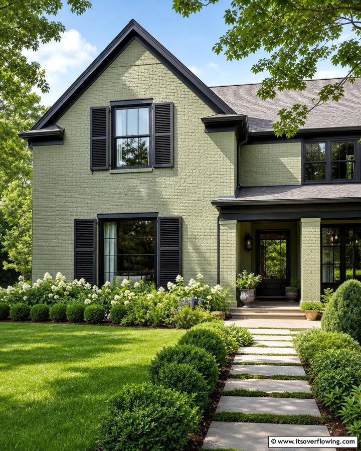 Sage Green with Black Shutters for Bold Contrast - 25 Sage Green Painted Brick House Ideas for a Fresh Look