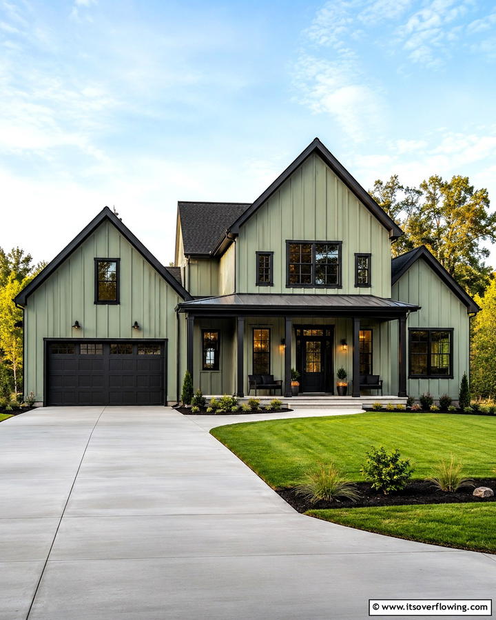 Sage Green with Black Trim - 30 Sage Green Exterior House Color Scheme Design Ideas