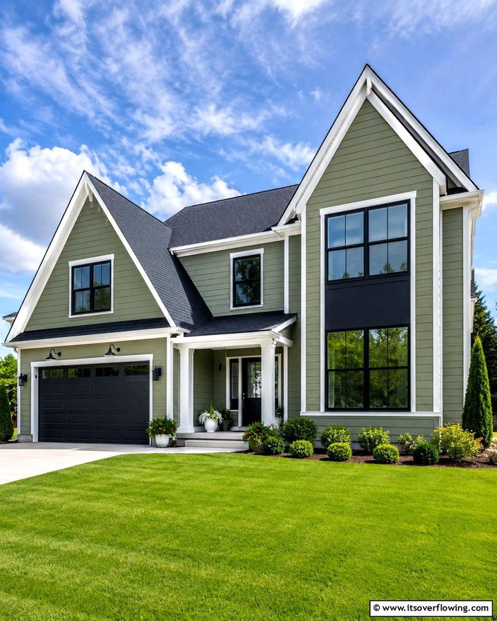 Sage Green with Black and White Contrast - 30 Sage Green Exterior House Color Scheme Design Ideas
