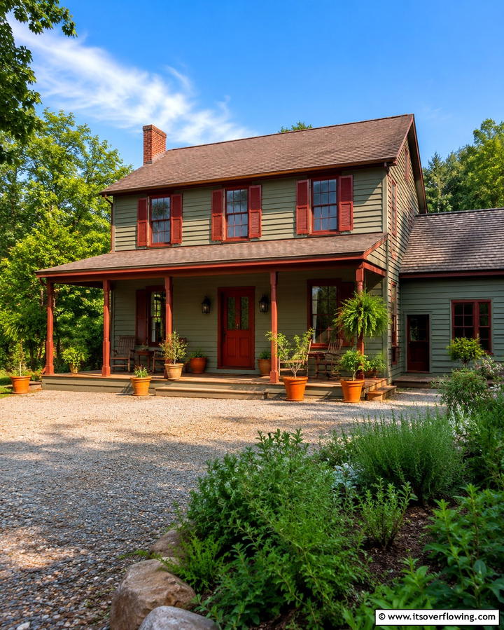 Sage Green with Brick Red Accents - 30 Sage Green Exterior House Color Scheme Design Ideas