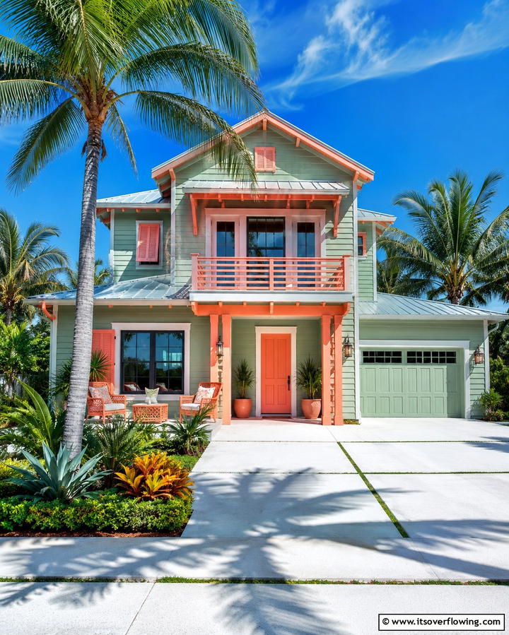 Sage Green with Bright Coral Highlights - 30 Sage Green Exterior House Color Scheme Design Ideas