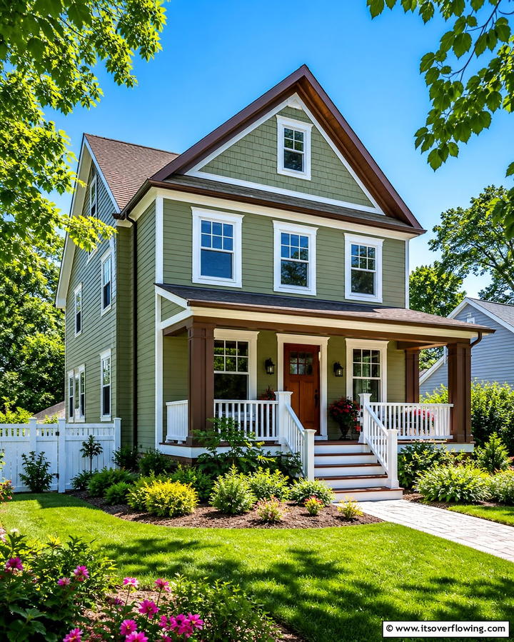 Sage Green with Brown Trim and White Accents - 25 Sage Green House With Brown Trim Ideas for Curb Appeal