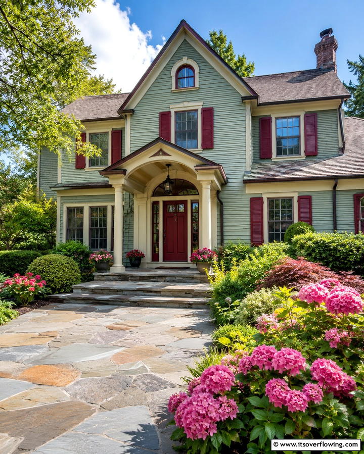 Sage Green with Burgundy Highlights - 30 Sage Green Exterior House Color Scheme Design Ideas
