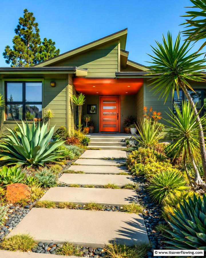 Sage Green with Burnt Orange Doors - 30 Sage Green Exterior House Color Scheme Design Ideas
