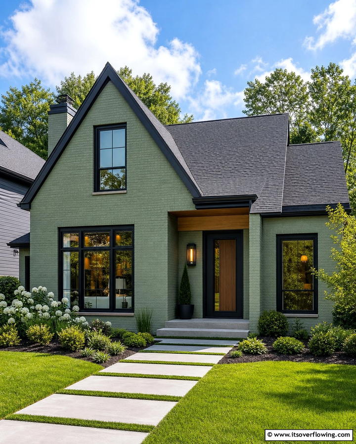 Sage Green with Charcoal Roof Shingles - 25 Sage Green Painted Brick House Ideas for a Fresh Look