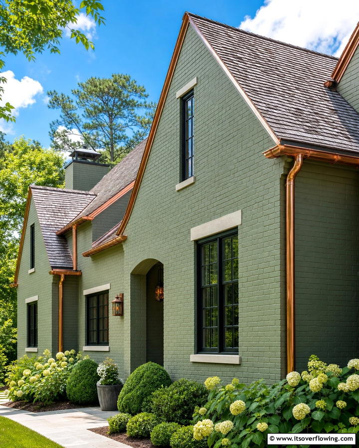 Sage Green with Copper Gutters - 25 Sage Green Painted Brick House Ideas for a Fresh Look