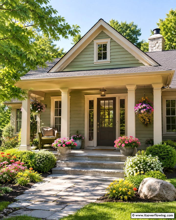 Sage Green with Creamy Beige Details - 30 Sage Green Exterior House Color Scheme Design Ideas