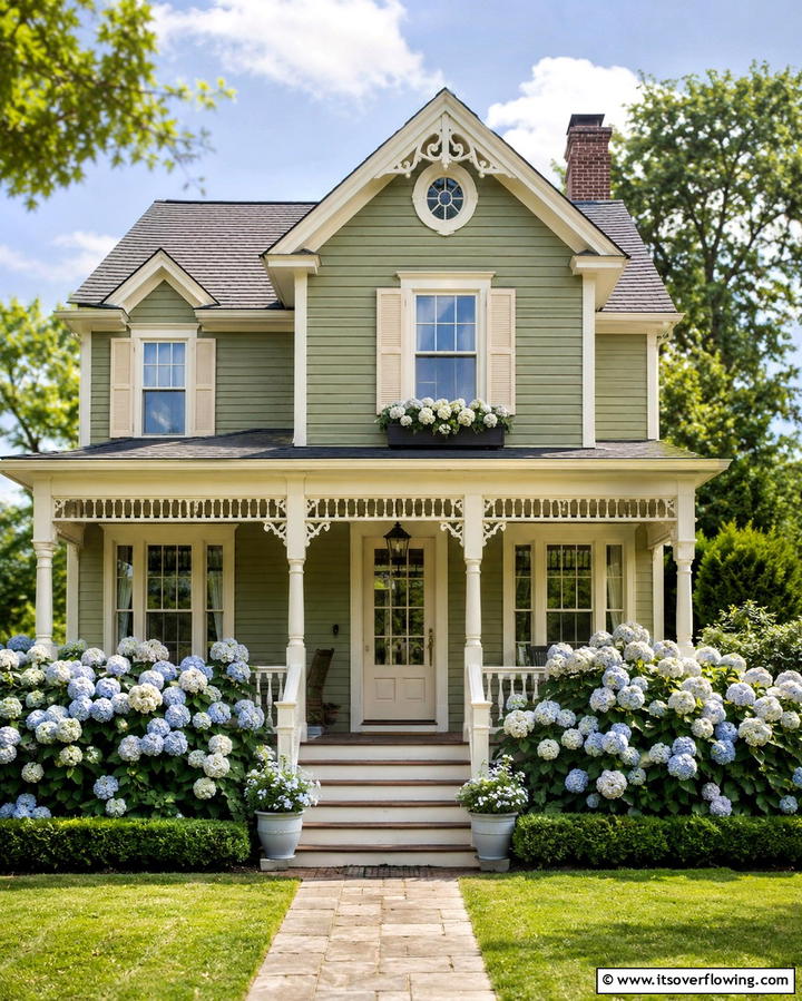 Sage Green with Creamy Ivory Accents - 30 Sage Green Exterior House Color Scheme Design Ideas