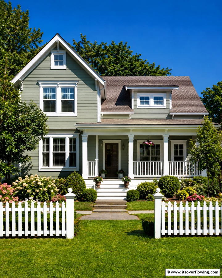 Sage Green with Crisp White TrimOne - 30 Sage Green Exterior House Color Scheme Design Ideas