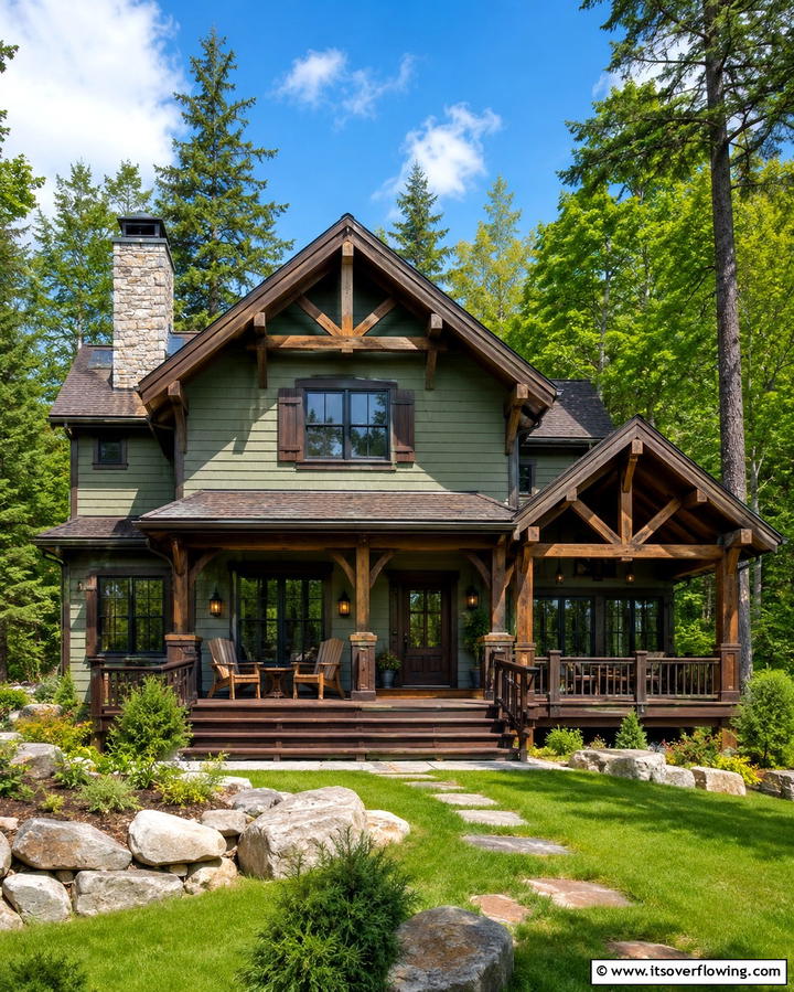 Sage Green with Deep Brown Elements - 30 Sage Green Exterior House Color Scheme Design Ideas