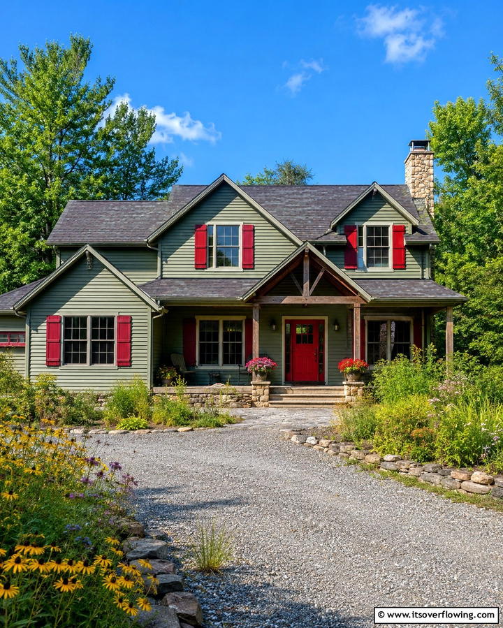 Sage Green with Deep Red Accents - 30 Sage Green Exterior House Color Scheme Design Ideas