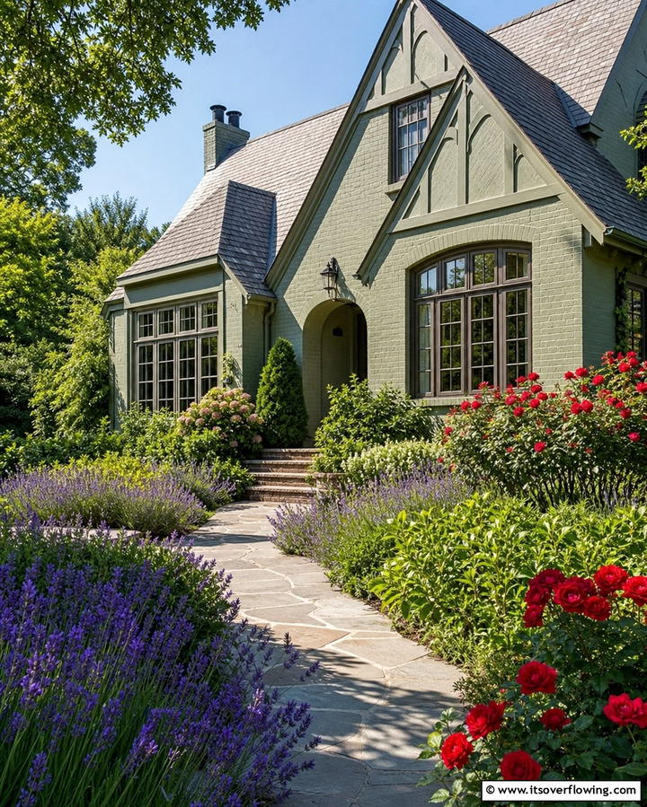Sage Green with Floral Landscaping - 25 Sage Green Painted Brick House Ideas for a Fresh Look