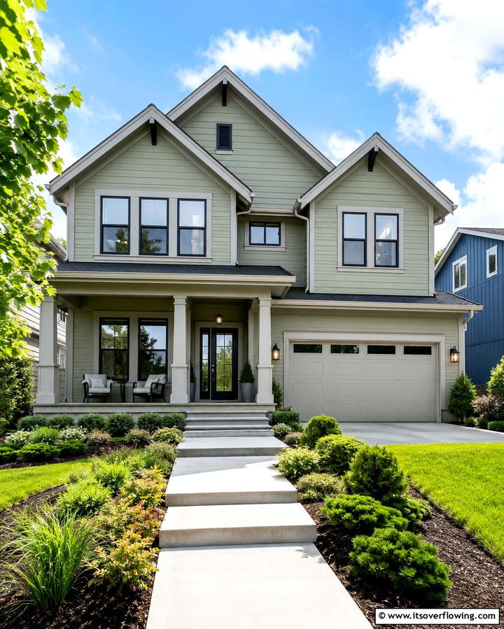 Sage Green with Light Gray Trim - 30 Sage Green Exterior House Color Scheme Design Ideas