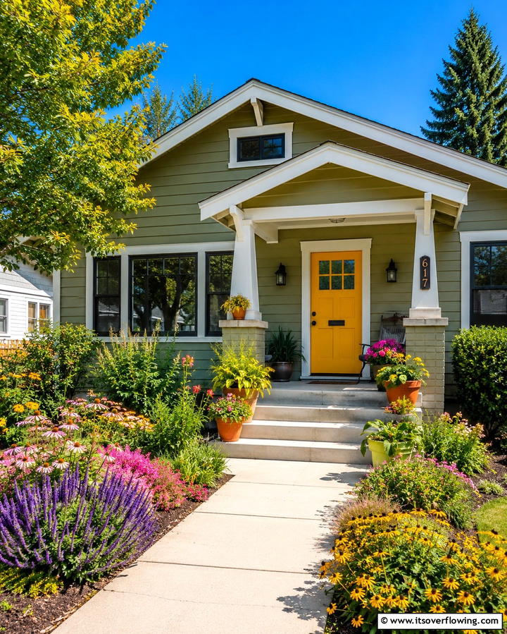 Sage Green with Mustard Yellow Doors - 30 Sage Green Exterior House Color Scheme Design Ideas