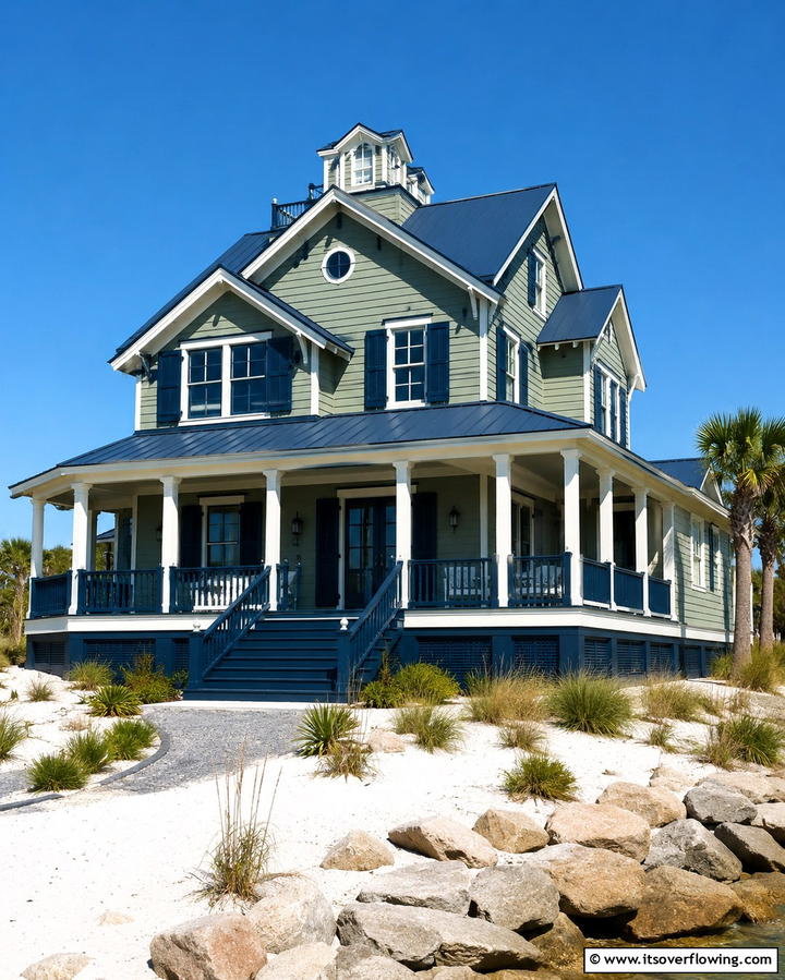 Sage Green with Navy Blue Highlights - 30 Sage Green Exterior House Color Scheme Design Ideas