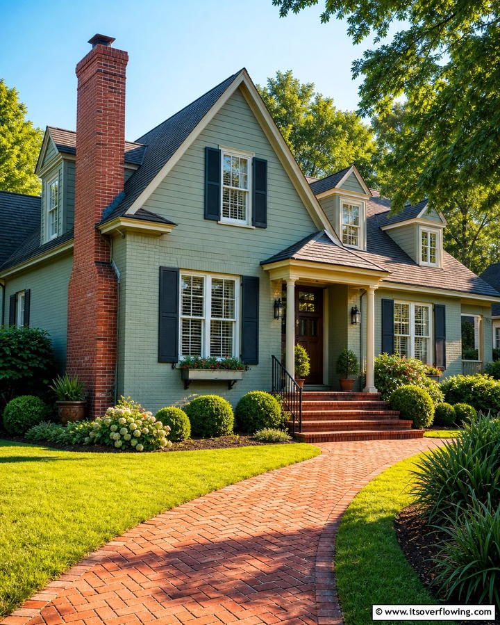 Sage Green with Red Brick Accents - 25 Sage Green Painted Brick House Ideas for a Fresh Look